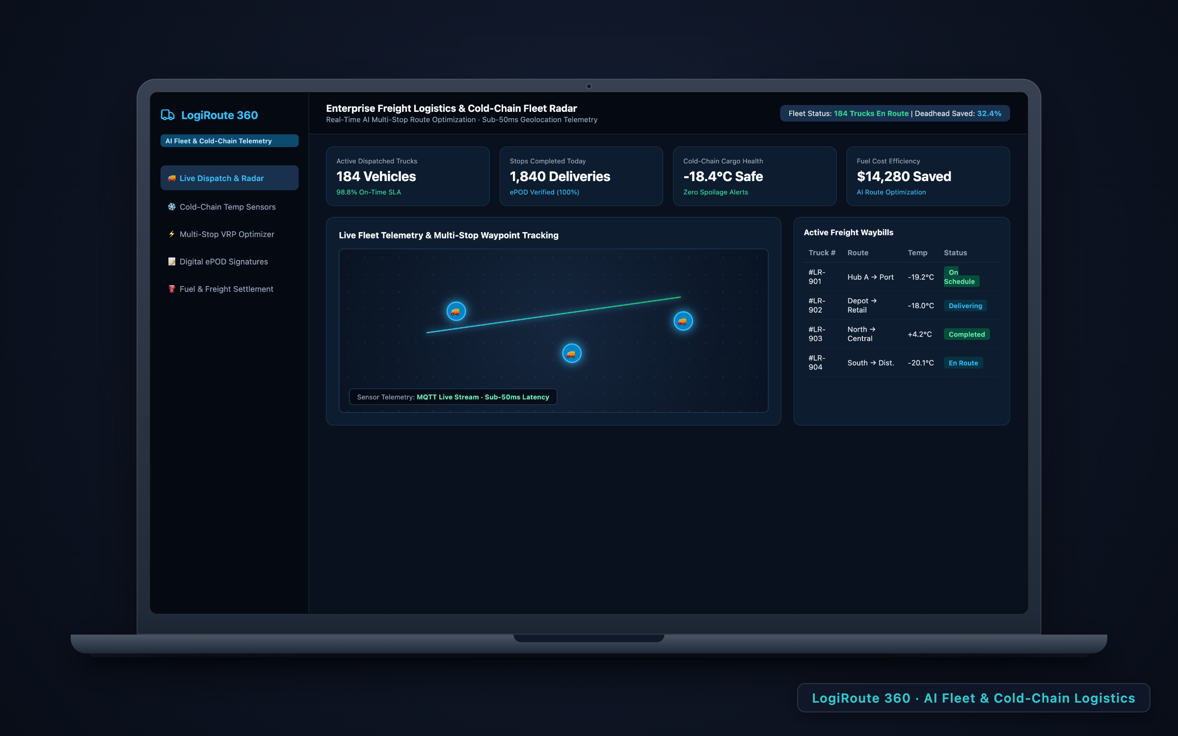 LogiRoute 360 AI Fleet & Cold-Chain Logistics on laptop screen