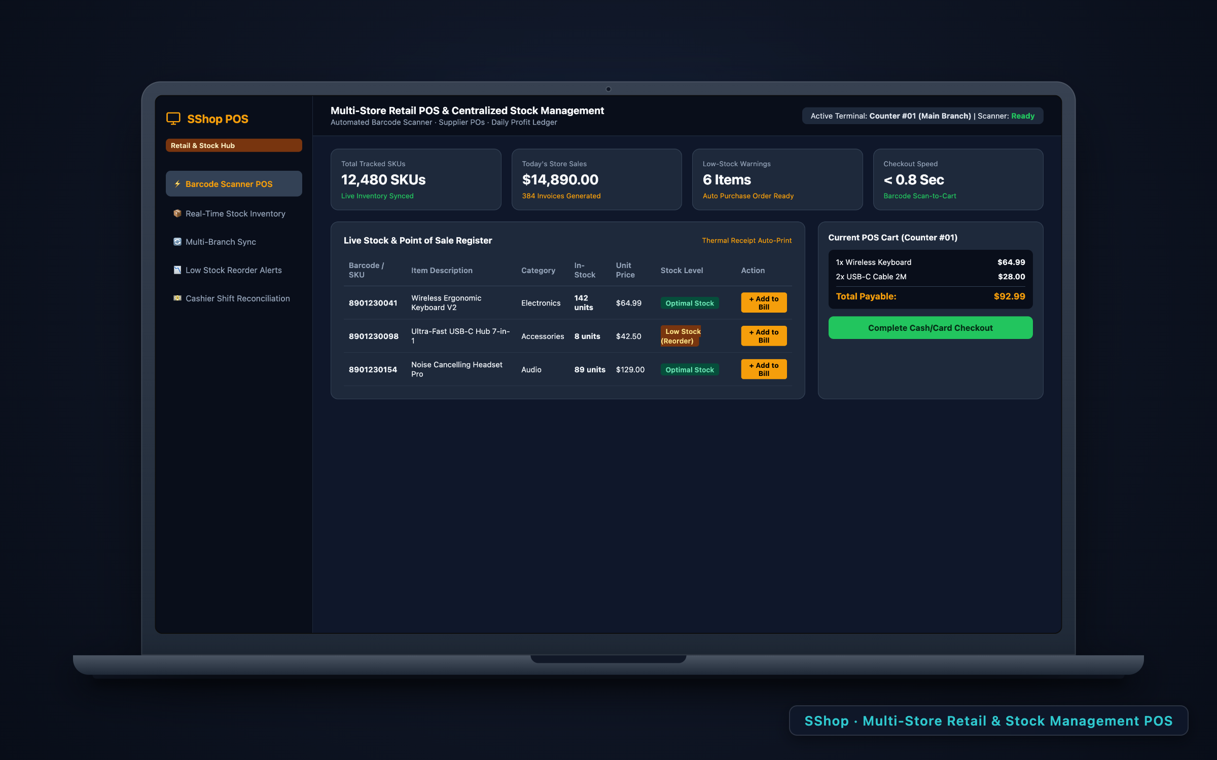SShop POS & Stock Management system on laptop screen