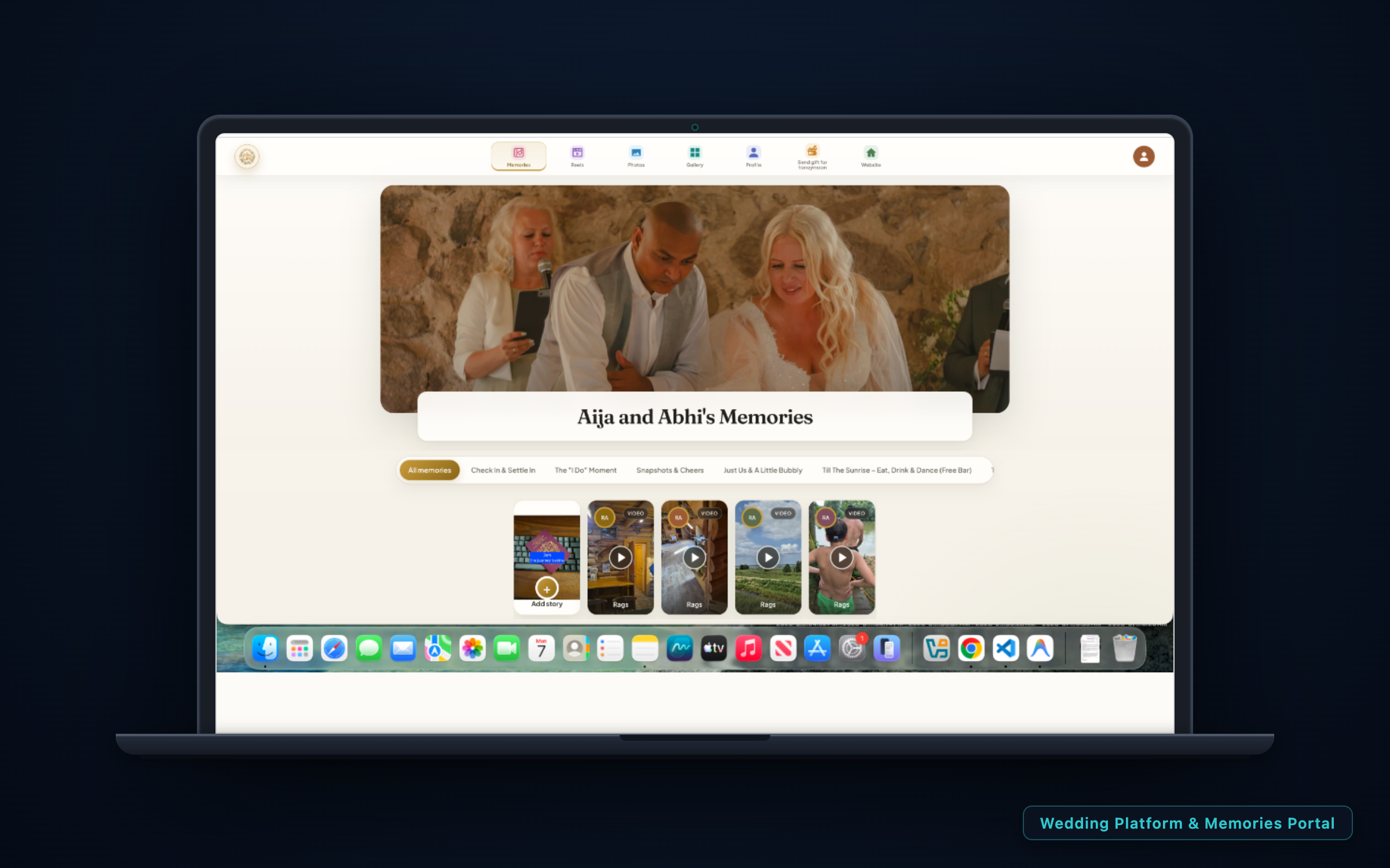 Wedding celebration platform on laptop screen